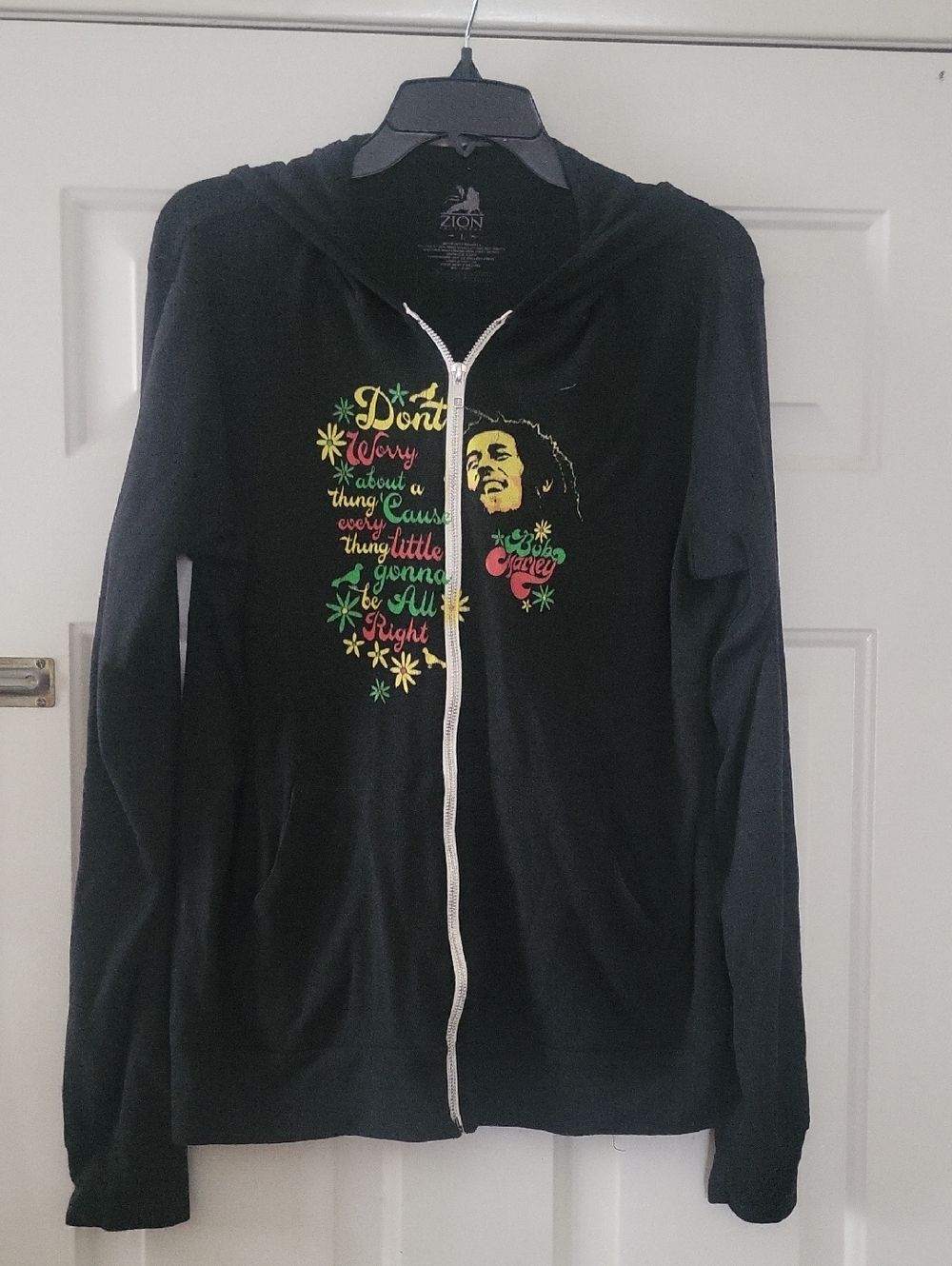 Bob Marley Zip-Up Hoodie in Heathered Black with Rasta Graphic